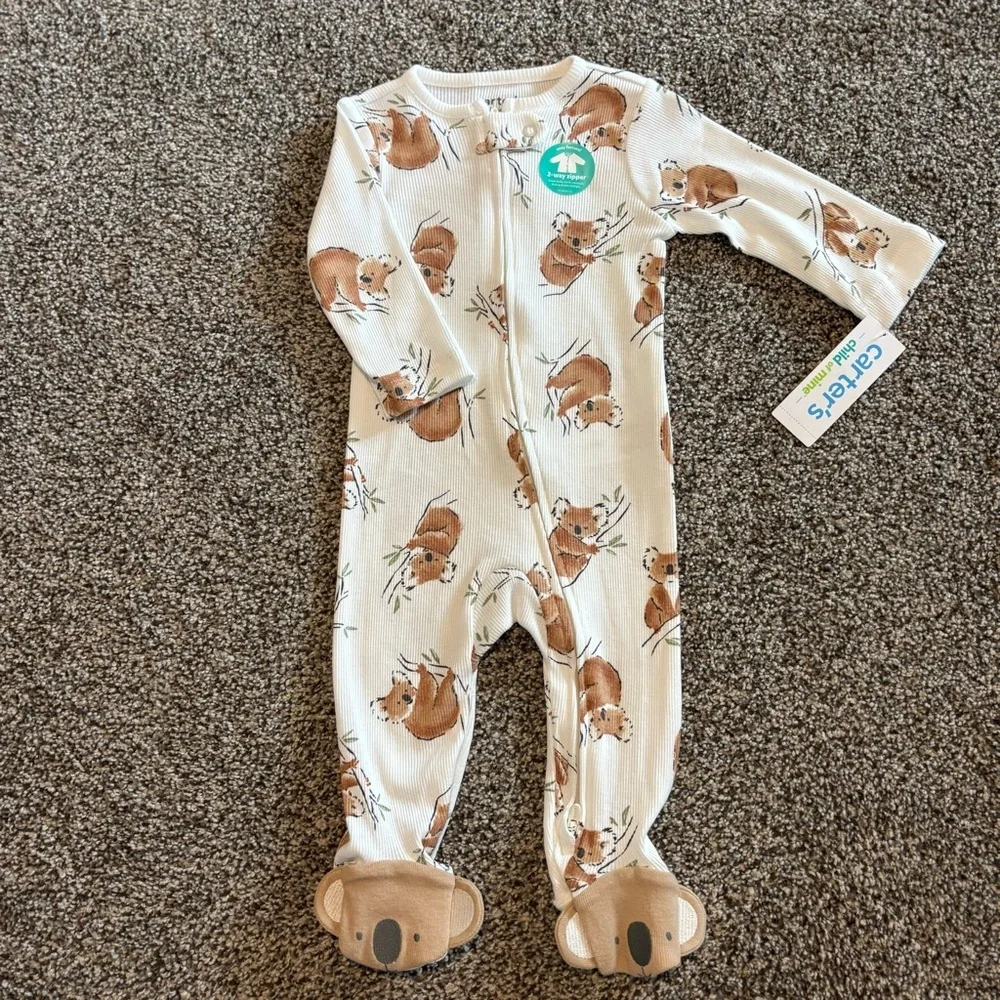 NWT NEW! Carter's White & Tan Koala Print Baby One Piece Footie Sleeper 3-6 mo